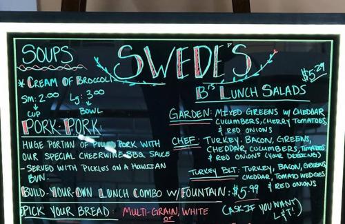 Chalkboard menu at Swede's Cafe