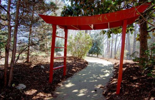 Red Asian arbor and trail
